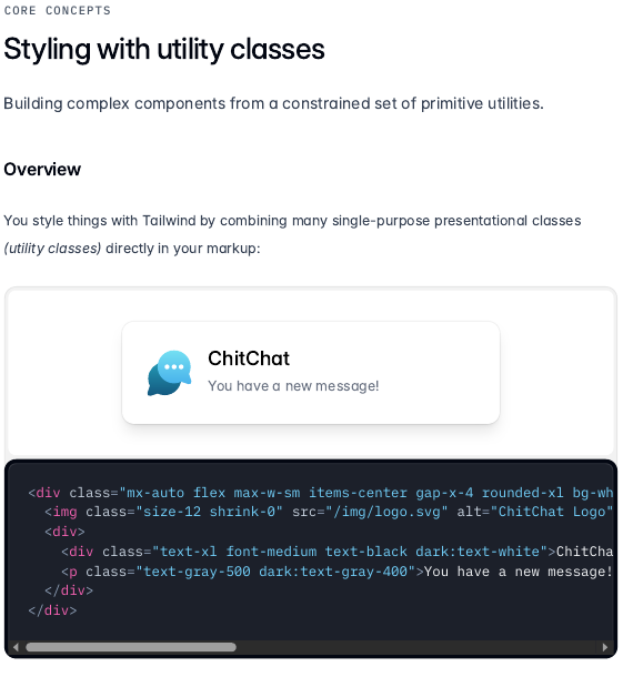 Ejemplo de tarjeta construida con clases de utilidad de Tailwind CSS y su código HTML
