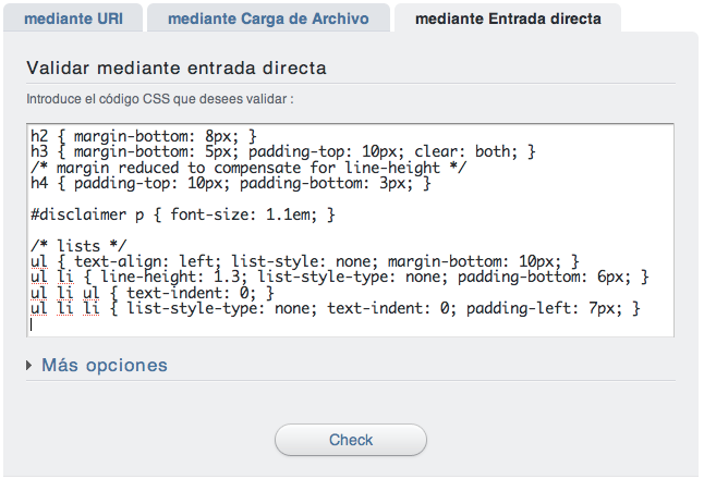 Pestaña "Validar mediante entrada directa" del validador CSS del W3C, con una hoja CSS de ejemplo