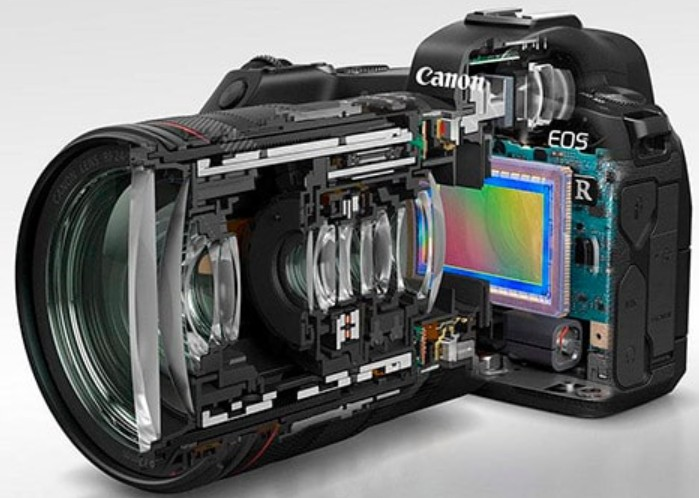 Recorte de una cámara réplex mostrando el objetivo y el sensor de imagen internos