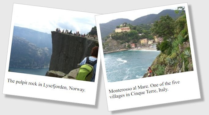 Dos fotografías con efecto de transformación CSS simulando postales inclinadas