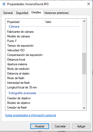 Ventana de propiedades de una imagen en Windows mostrando sus metadatos EXIF