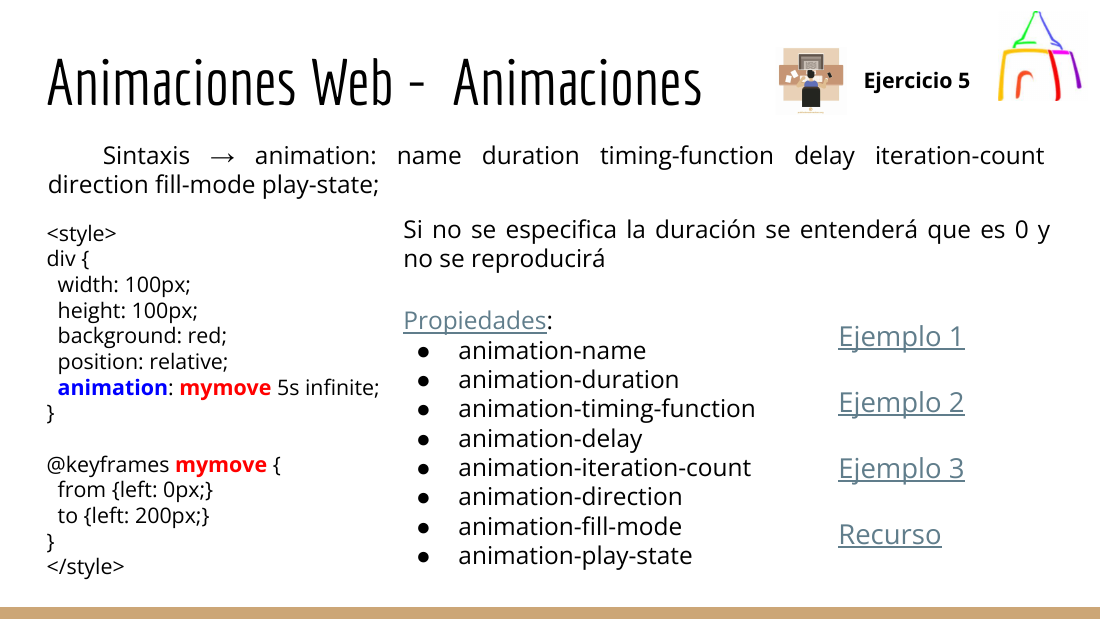 Diapositiva con la sintaxis y las propiedades de animation en CSS3, con un ejemplo de código con @keyframes