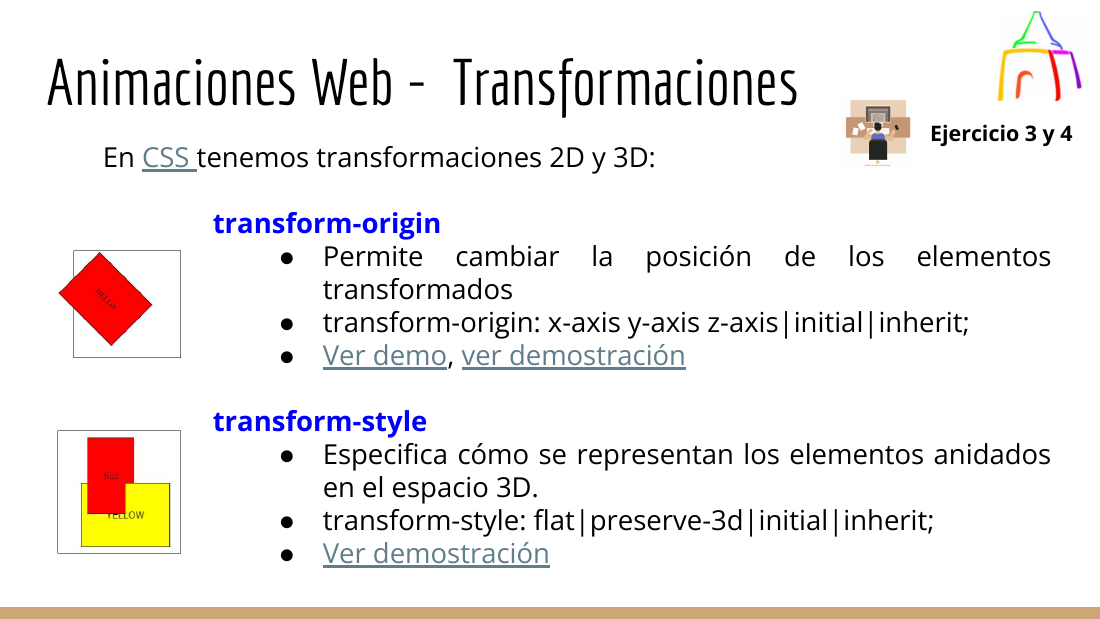 Diapositiva con ejemplos de transform-origin y transform-style aplicados a formas 2D