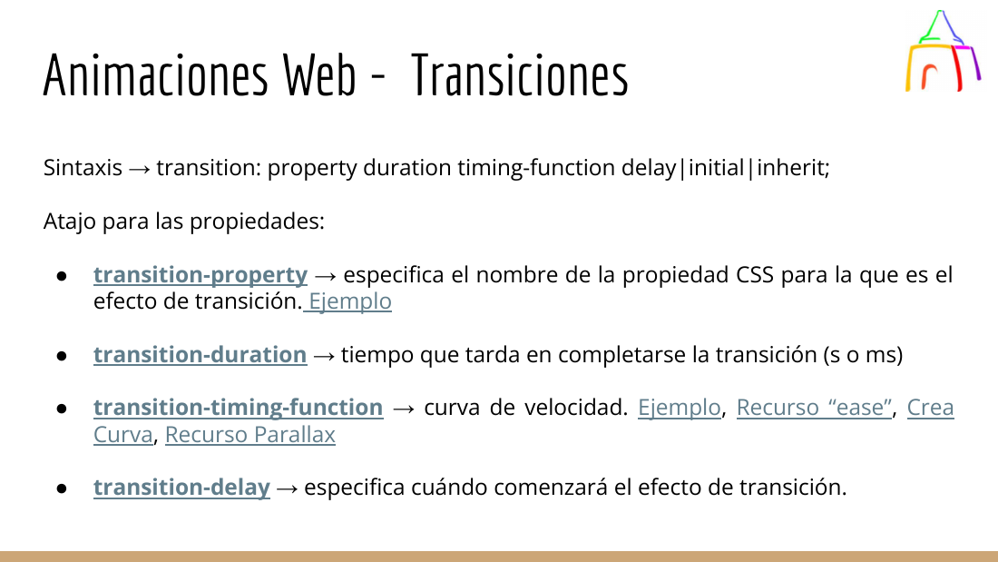 Diapositiva con la sintaxis y las propiedades de transition en CSS3: transition-property, transition-duration, transition-timing-function, transition-delay
