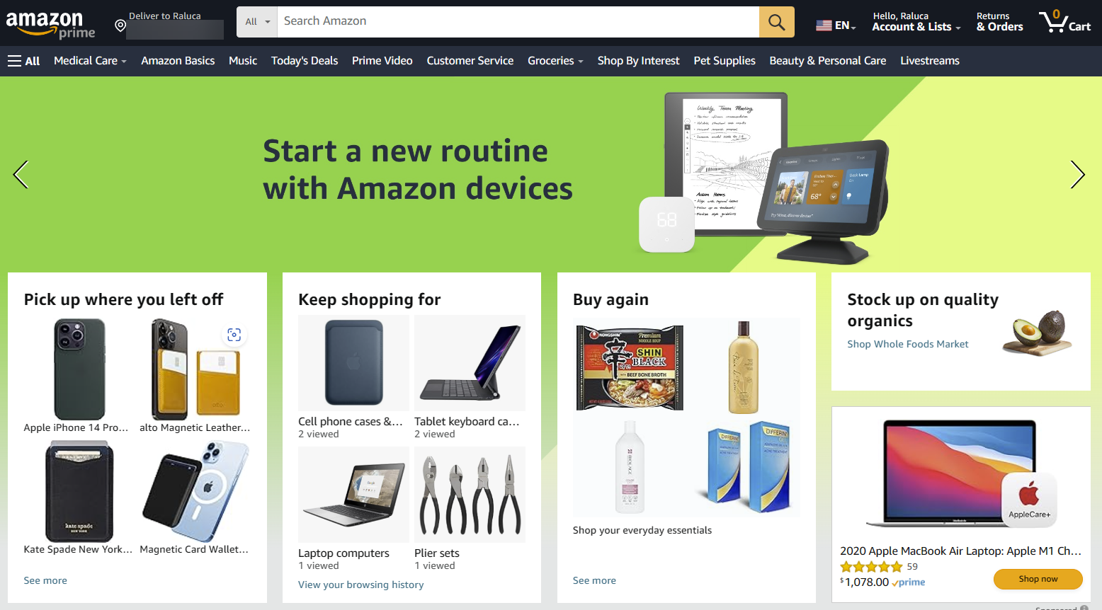 Página de inicio de Amazon mostrando listas "Sigue donde lo dejaste", "Sigue comprando" y "Vuelve a comprarlo"