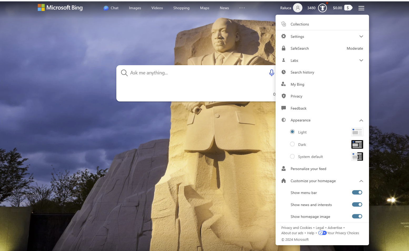 Menú desplegable de configuración de Bing con la opción "Search history" resaltada